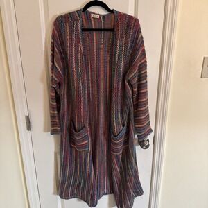 Pol Cardigan Sweater Small Chunky Knit Rainbow Stripe Duster Open Front Boho